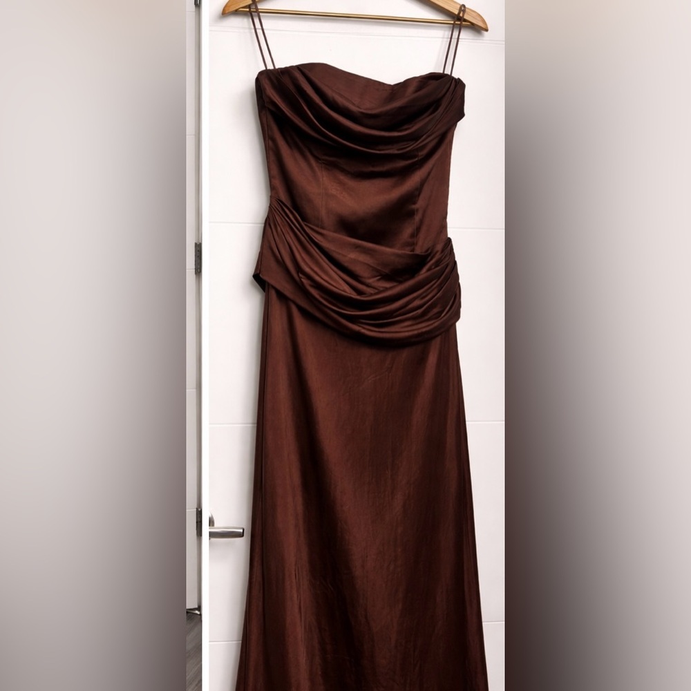 MESHKI Jasmine Strapless Satin Maxi Dress - Chocolate Brown - Picture 5 of 6